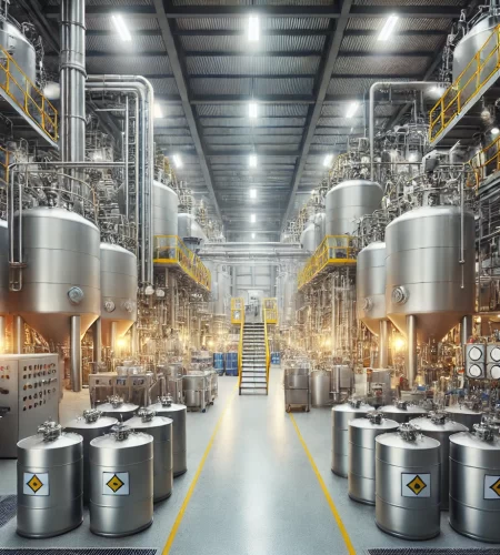 A chemical manufacturing facility with industrial-grade containers storing chemicals such as caustic soda flakes, soda ash, and dispersing agents.