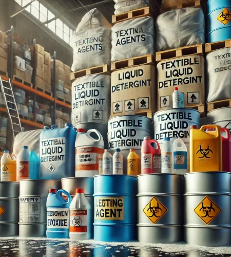 A collection of industrial chemical drums and bags containing substances like wetting agents, textile liquid detergent, and hydrogen peroxide.