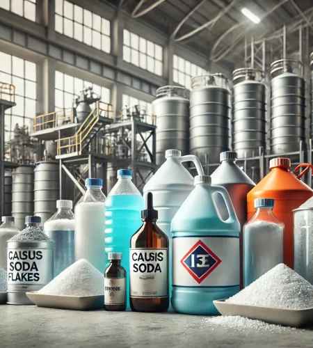 A collection of industrial chemical products including silicon-based compounds, caustic soda flakes, and hydrogen peroxide bottles.