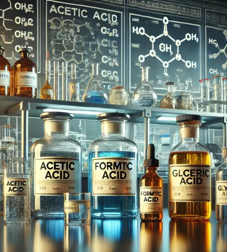 A set of laboratory glass bottles and industrial containers labeled with various chemicals, including acetic acid, formic acid, and glycerin.